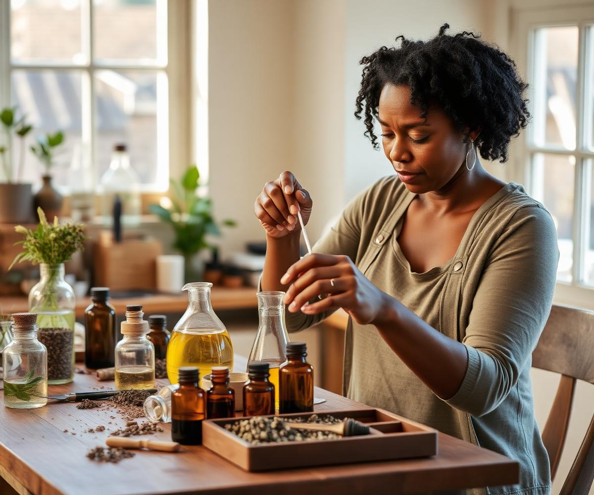 SG2RAW founder blending botanical oils in her workspace