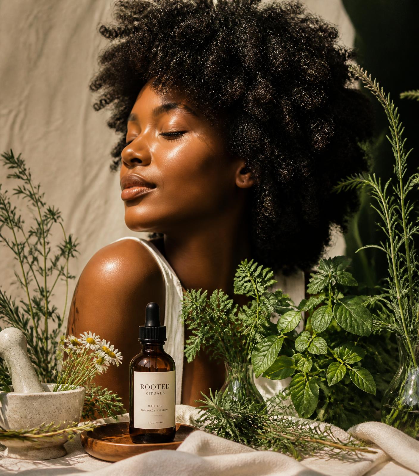 Woman with healthy natural hair beside SG2RAW botanical hair oil and fresh herbs