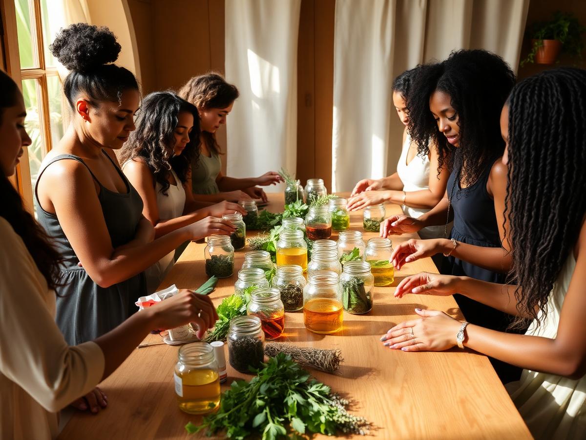 Participants blending botanical haircare in a hands-on SG2RAW workshop